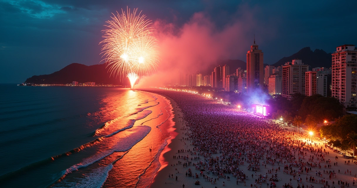 Show de fogos no Réveillon de Copacabana visto da praia 