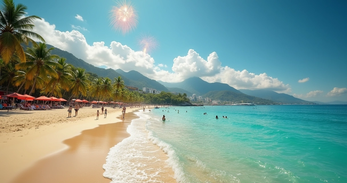 Nove destinos acessíveis para o Réveillon no Brasil e no exterior 2 Praia de San Andrés com águas cristalinas e turistas na areia
