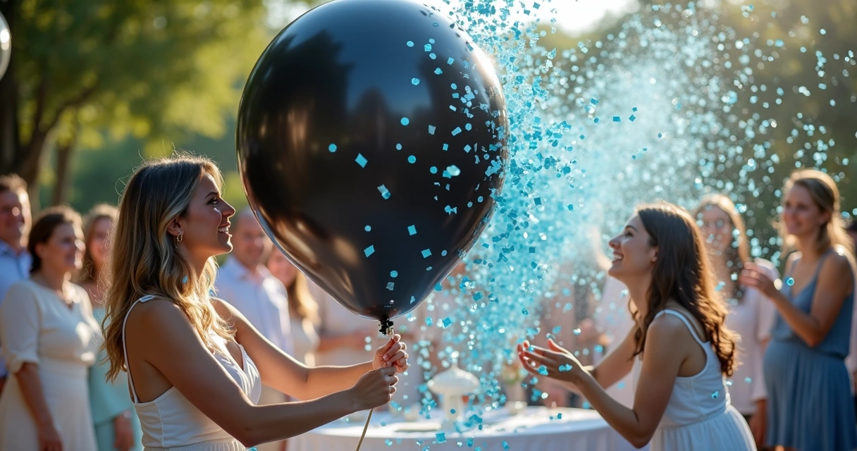 Casal estoura balão com confete azul durante chá revelação. 