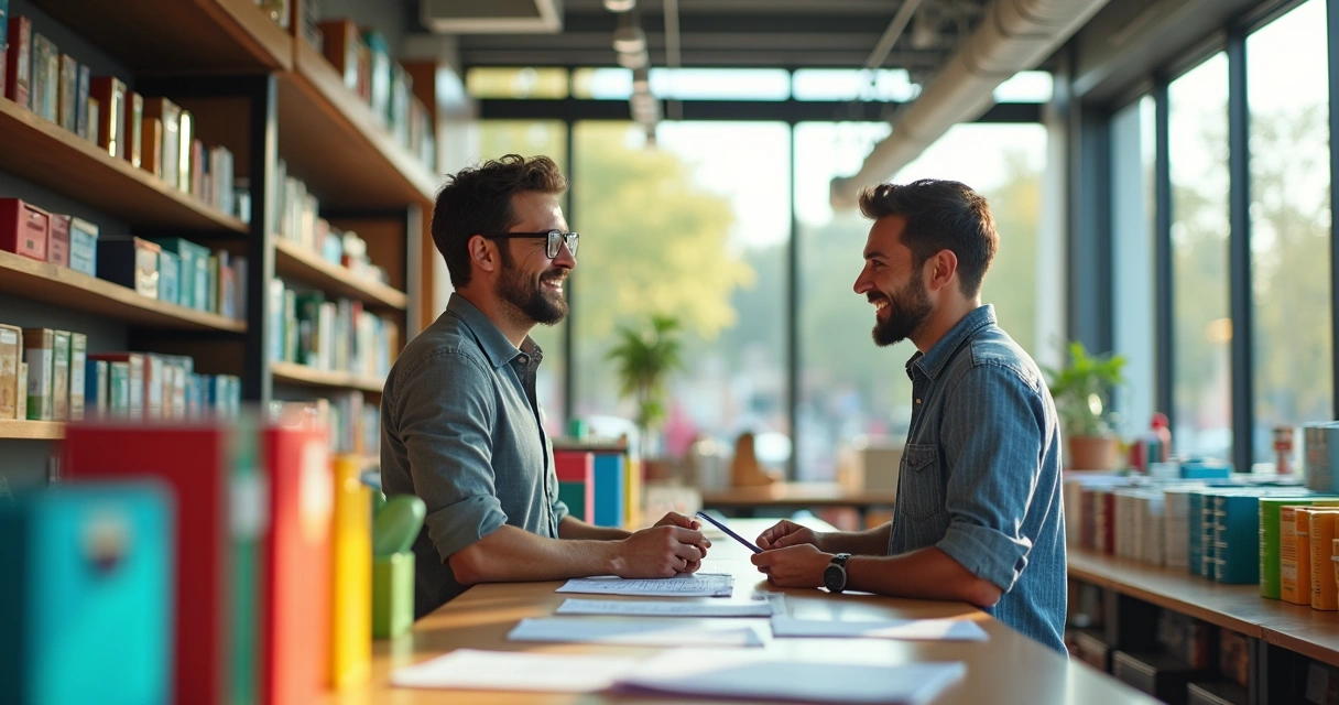 Ambiente de revenda de materiais gráficos com vendedor e cliente, produtos organizados e luz natural.
