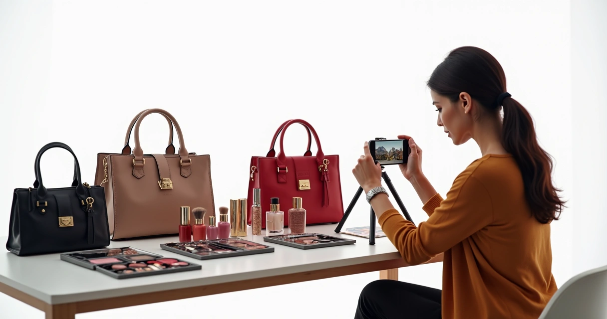 Bolsas, maquiagens e cosméticos organizados para venda online