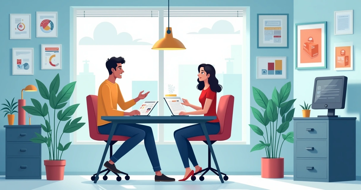 Revendedor gráfico em escritório discutindo com clientes, amostras gráficas na mesa, gráfico de vendas ao fundo.