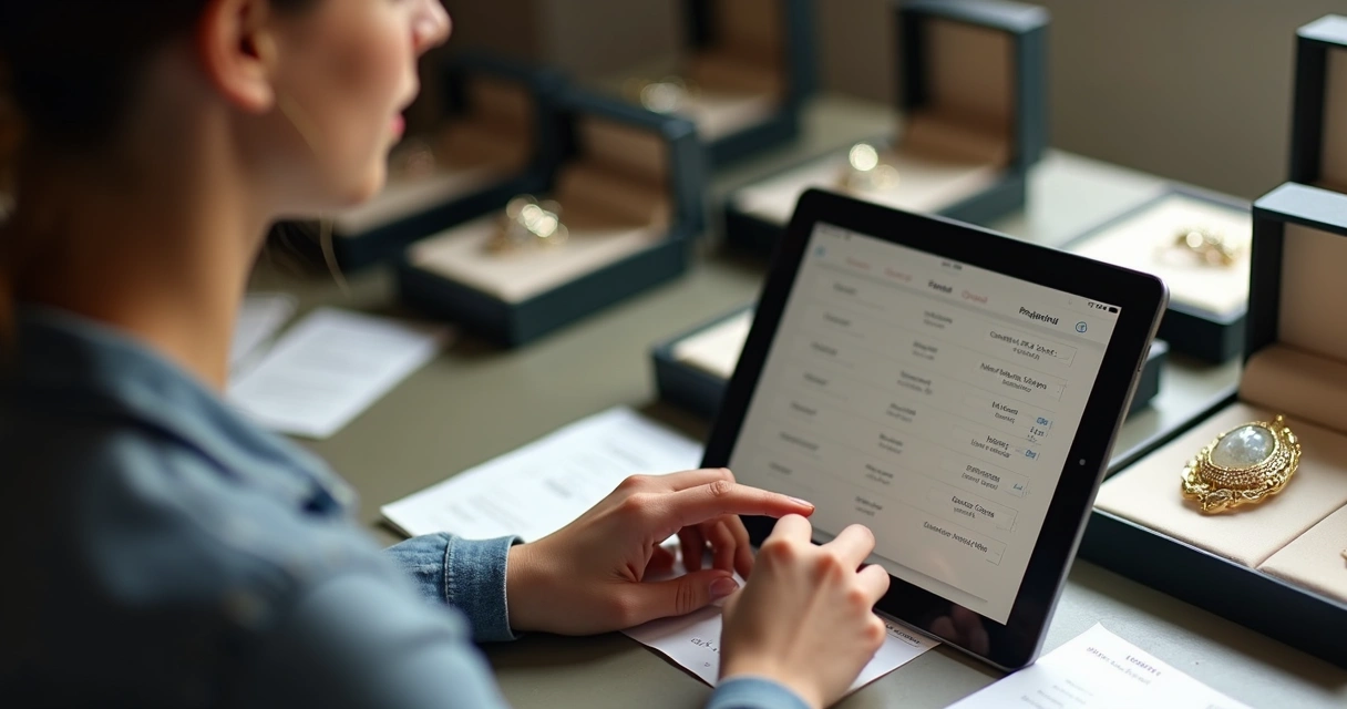 Revendedor de semijoias conferindo estoque e notas em tablet 
