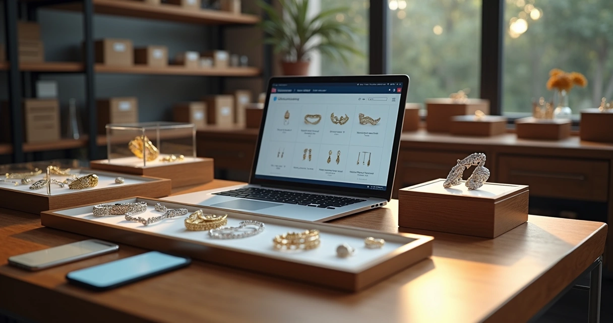 Revendedor organizando estoque de semijoias em ambiente moderno de trabalho 