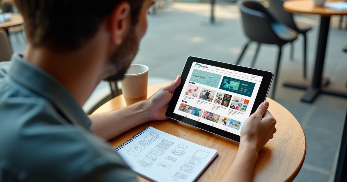 Revendedor gráfico usando tablet para atendimento remoto ao cliente, com catálogo da Zap Gráfica na tela 