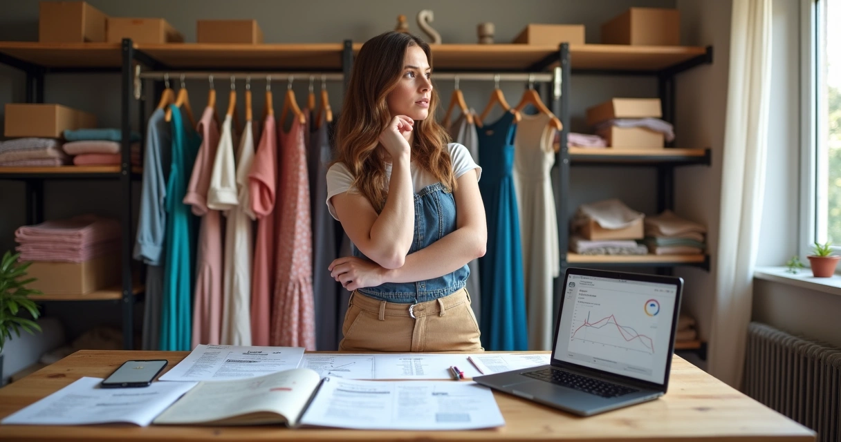 Revendedora de roupas pensativa analisando erros de vendas em loja de moda 