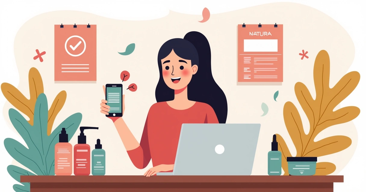 Consultora Natura usando notebook e celular para vender online. 