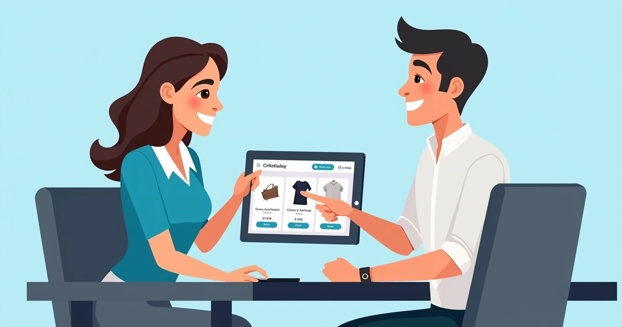 Revendedora mostrando catálogo digital em tablet para cliente lojista 