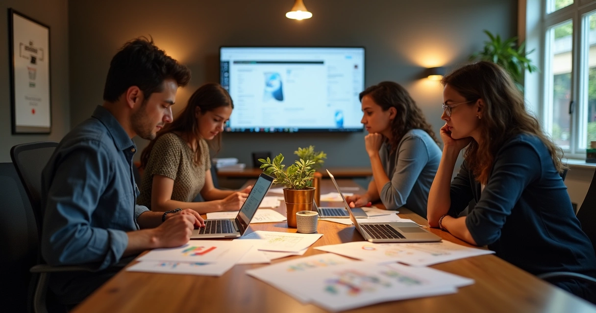 Equipe revendo juntos um currículo impresso ao redor de uma mesa 