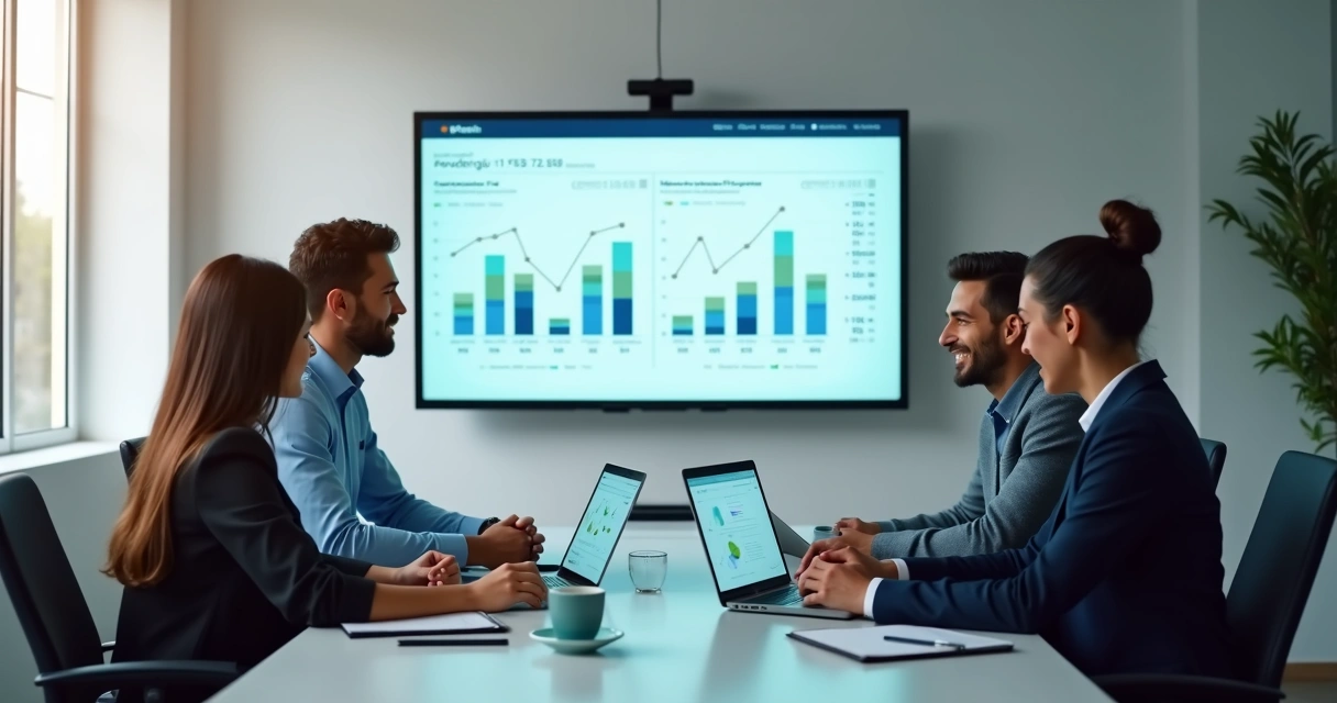 Team reviewing revenue dashboard metrics on a laptop and wall screen