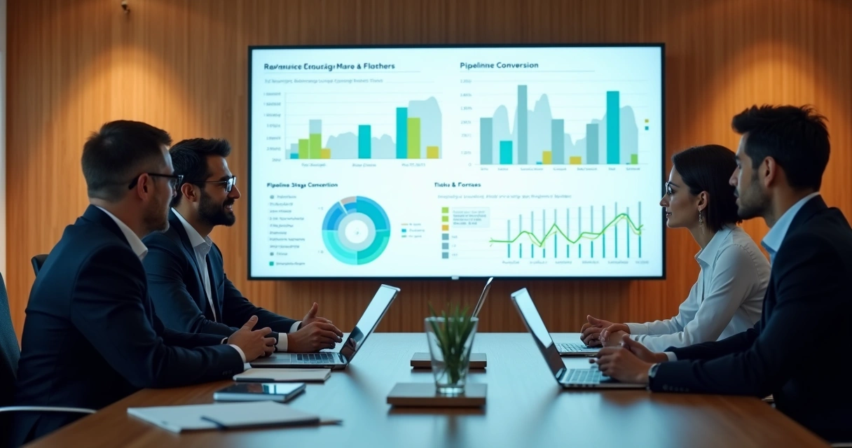Revenue forecast meeting with charts on large display