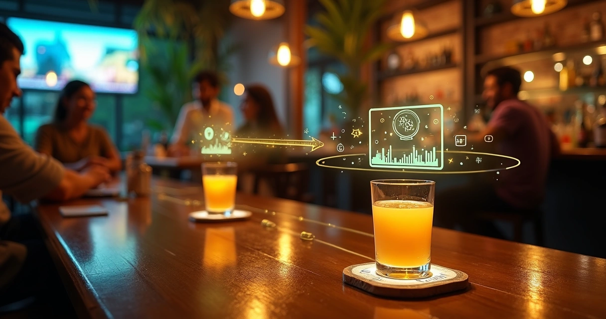 Gráfico de dinheiro conectado entre marca e bar parceiro em mesa de restaurante 