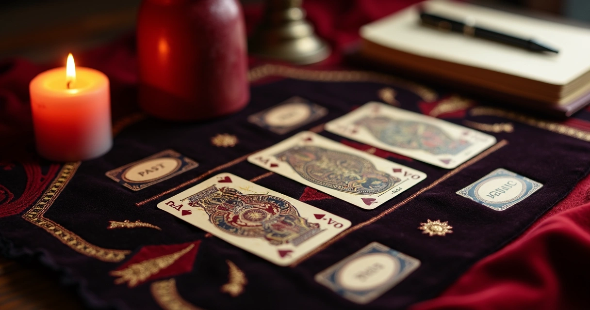 Close-up of reversed playing cards in a structured divination spread 