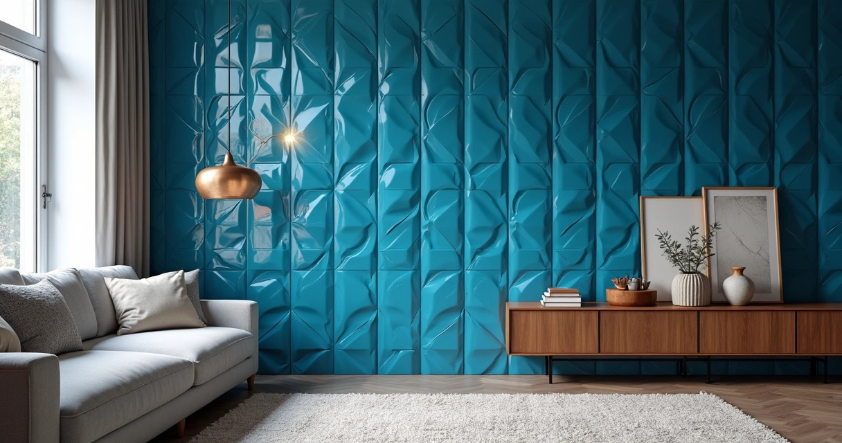 Revestimento azul Decortiles aplicado em parede de sala de estar 