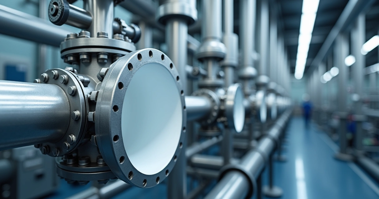 Tubulação industrial com revestimento PTFE em ambiente fabril 