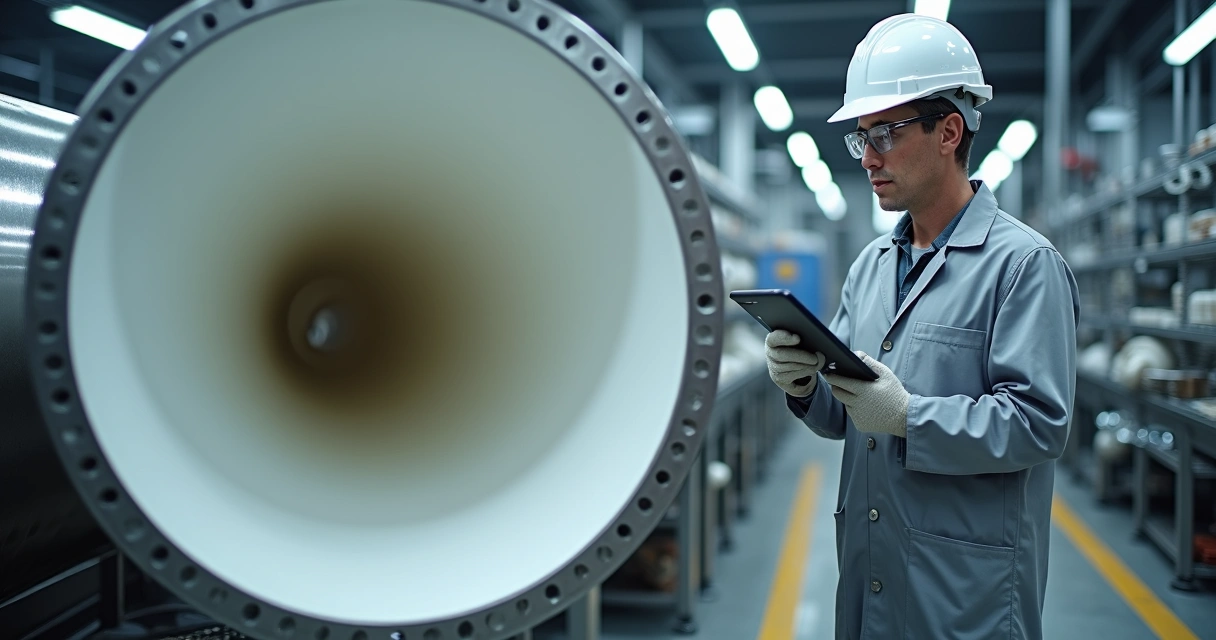 Engenheiro inspecionando tubo industrial com revestimento em Teflon brilhante 