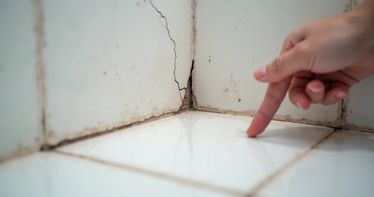 Close de revestimento com trinca e rejunte escurecido em banheiro 