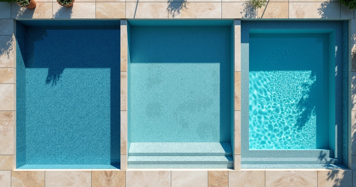 Visão superior de diferentes tipos de acabamento lado a lado em piscina 