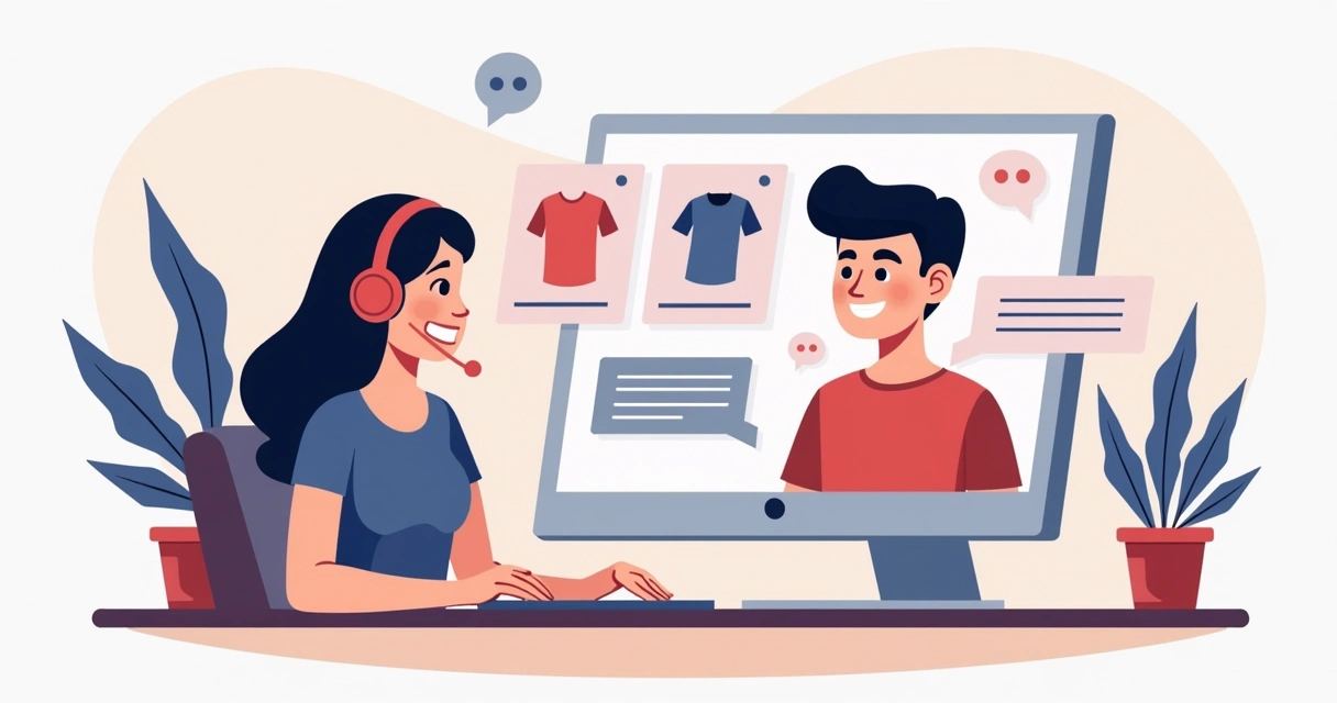 Atendente interagindo online com cliente sobre camiseta personalizada 