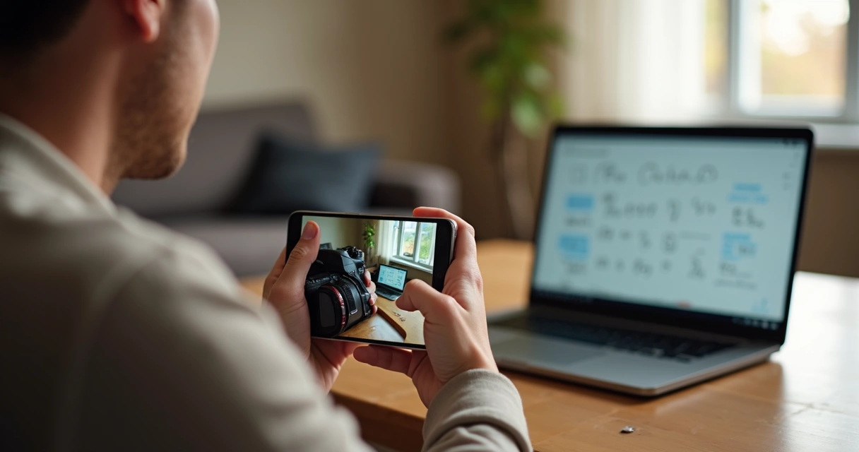 Pessoa segurando produto com smartphone, exibindo fotos próprias de uso do produto