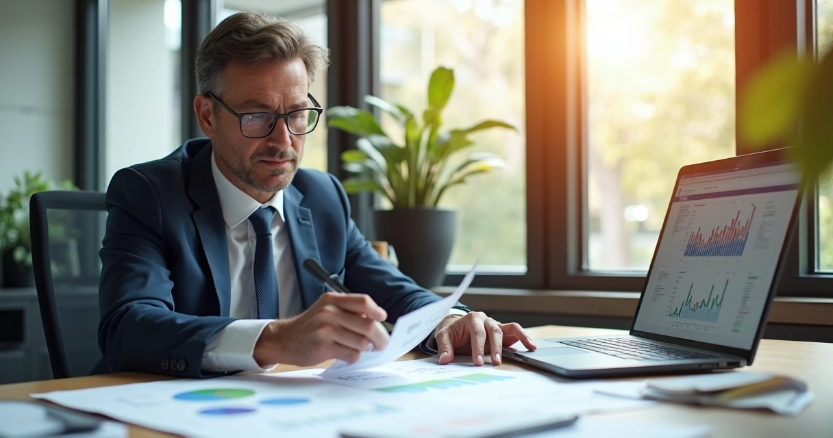 Business consultant reviewing business plan charts and graphs 