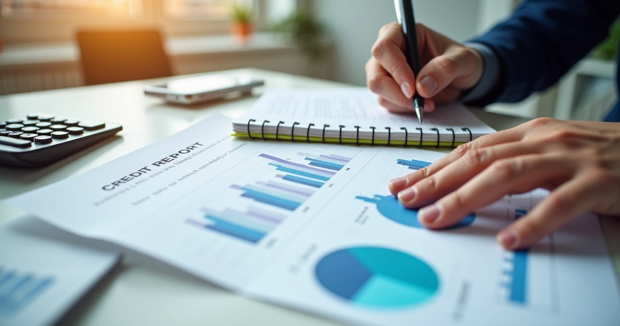 Person reviewing credit report with calculator and notepad 