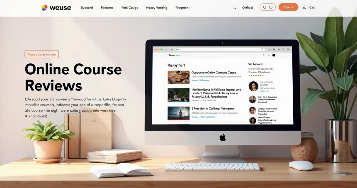Visão de um site de análises de cursos online visto no computador, mostrando listas de artigos 