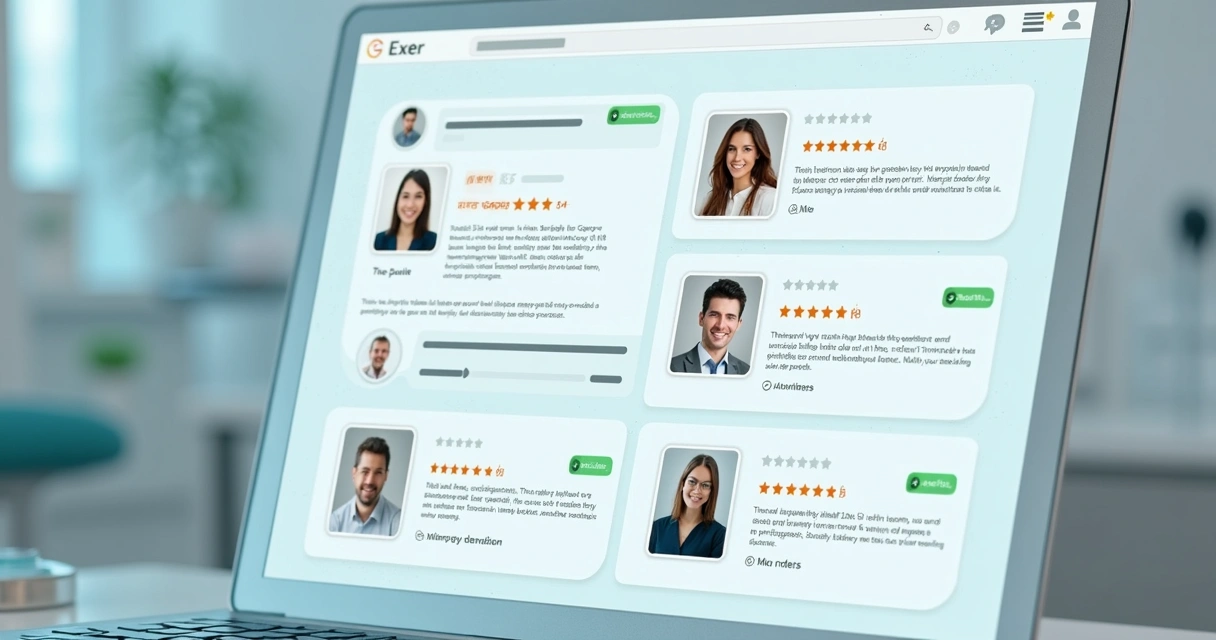 Interface de avaliação de dentista exibindo reviews positivas online 