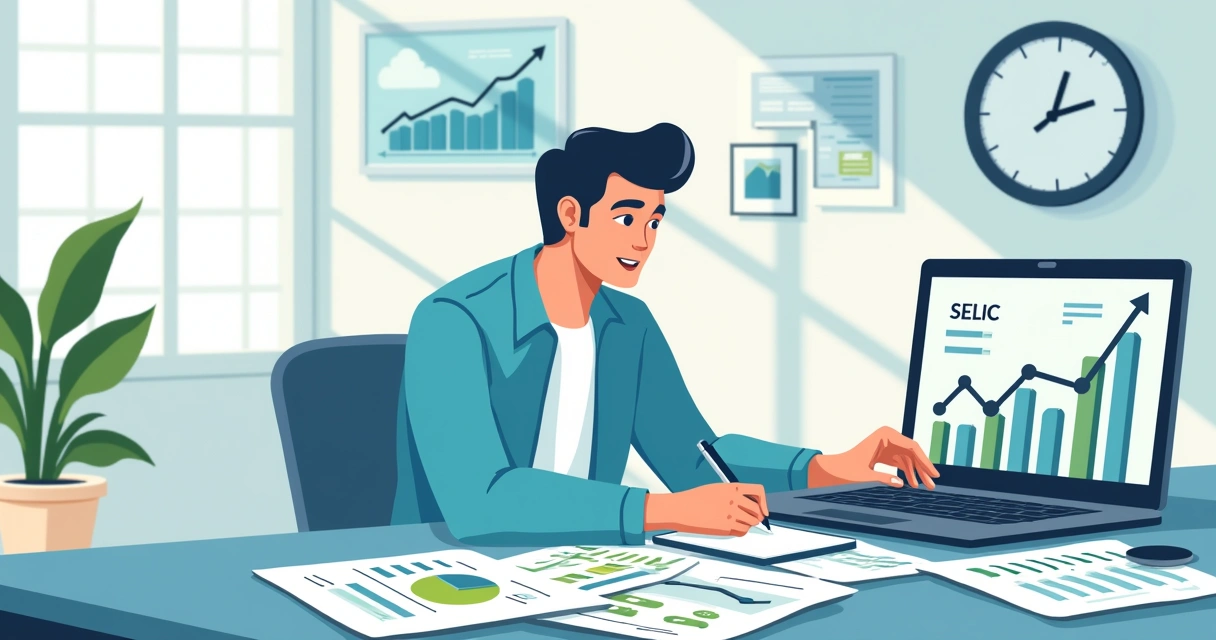 Pessoa analisando estratégia de investimentos com laptop e documentos em uma mesa iluminada.