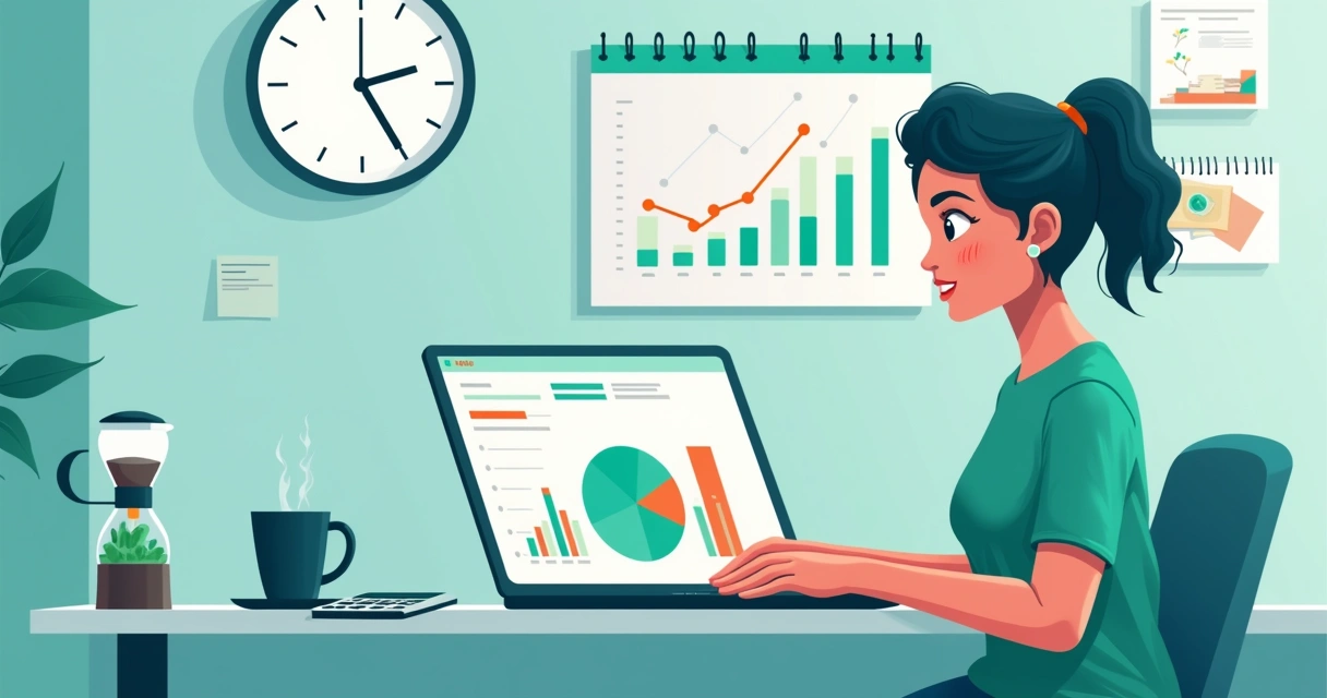 Pessoa revisando finanças pessoais em um laptop com gráficos de despesas em uma mesa organizada.