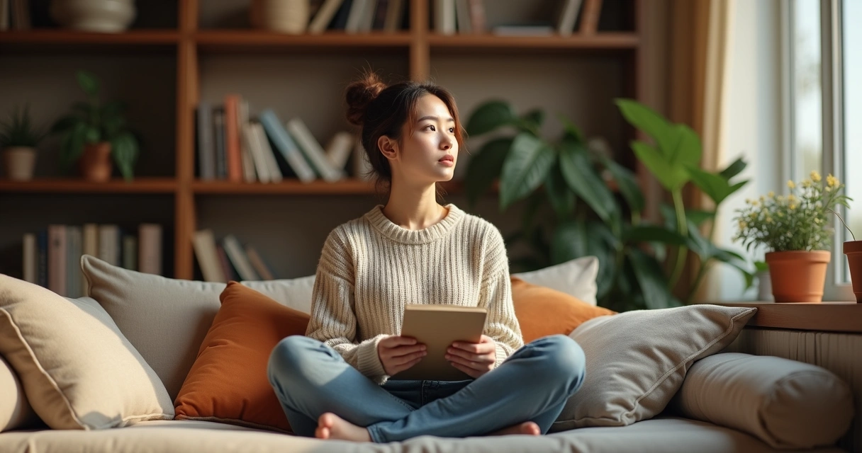 Pessoa sentada com caderno e caneta, em ambiente tranquilo com luz suave, refletindo pensativa