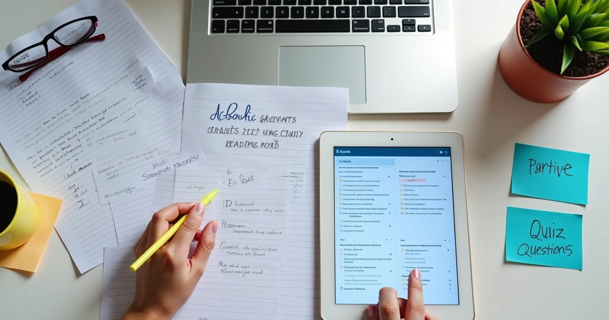 Mesa de estudo com anotações e interface de revisão por IA