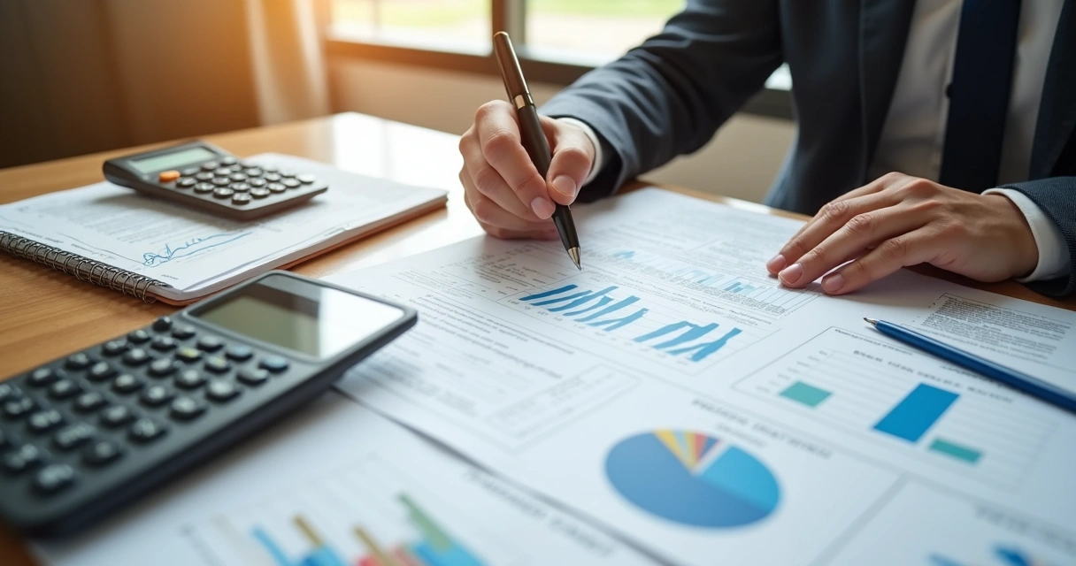 Pessoa revisando apólice e custos do seguro em uma mesa com calculadora 