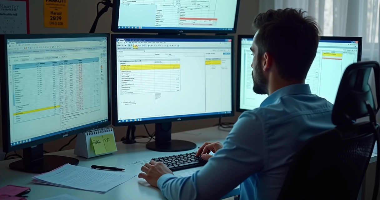 Profissional revisando dados fiscais em múltiplas telas