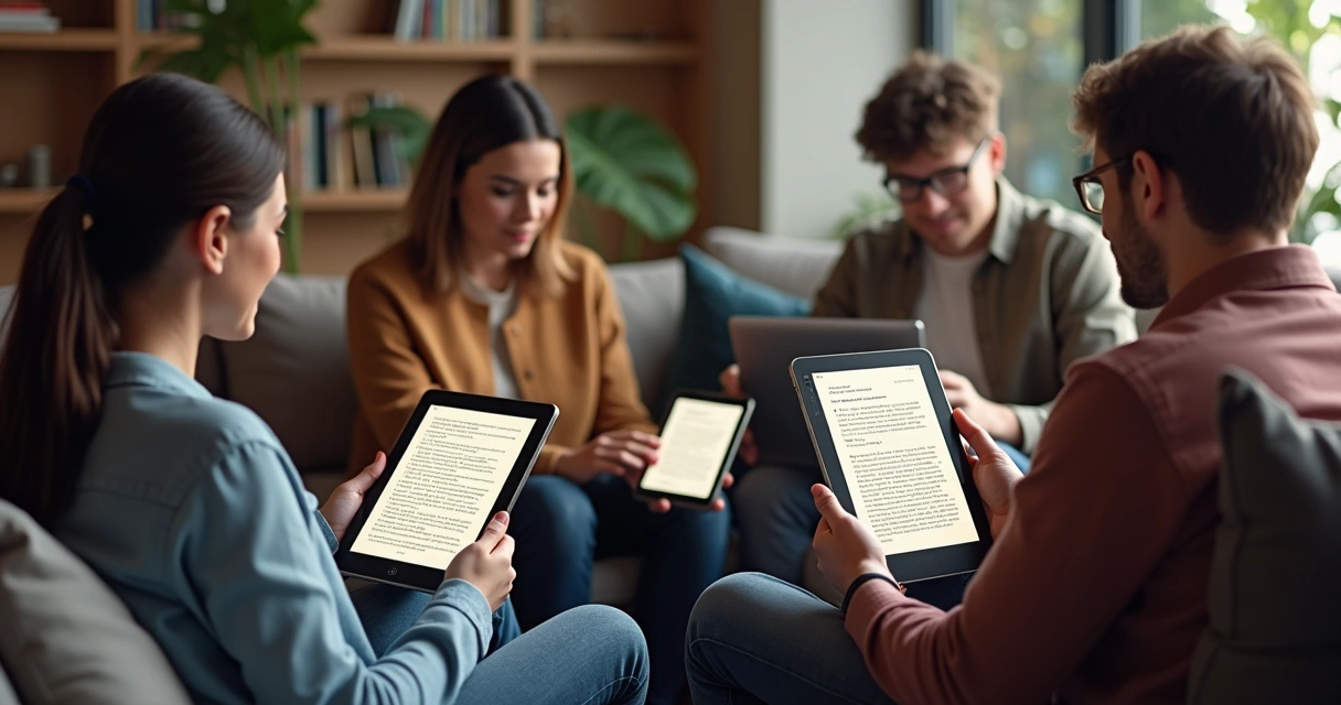 Grupo de pessoas lendo livro digital Kindle em diferentes dispositivos 