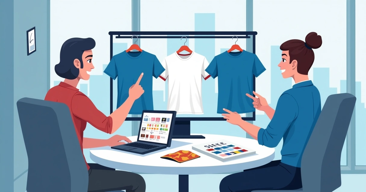 Equipe revisando layout de camiseta personalizada em tela e amostra física