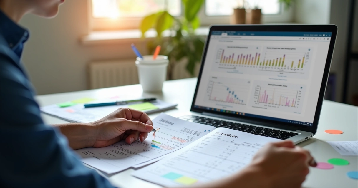 Pessoa analisando relatórios de ponto digital em mesa de escritório 