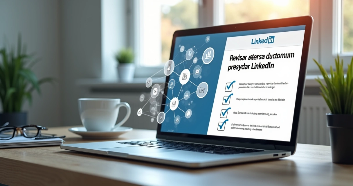 Pessoa revisando checklist em laptop com gráficos e ícones do LinkedIn ao redor
