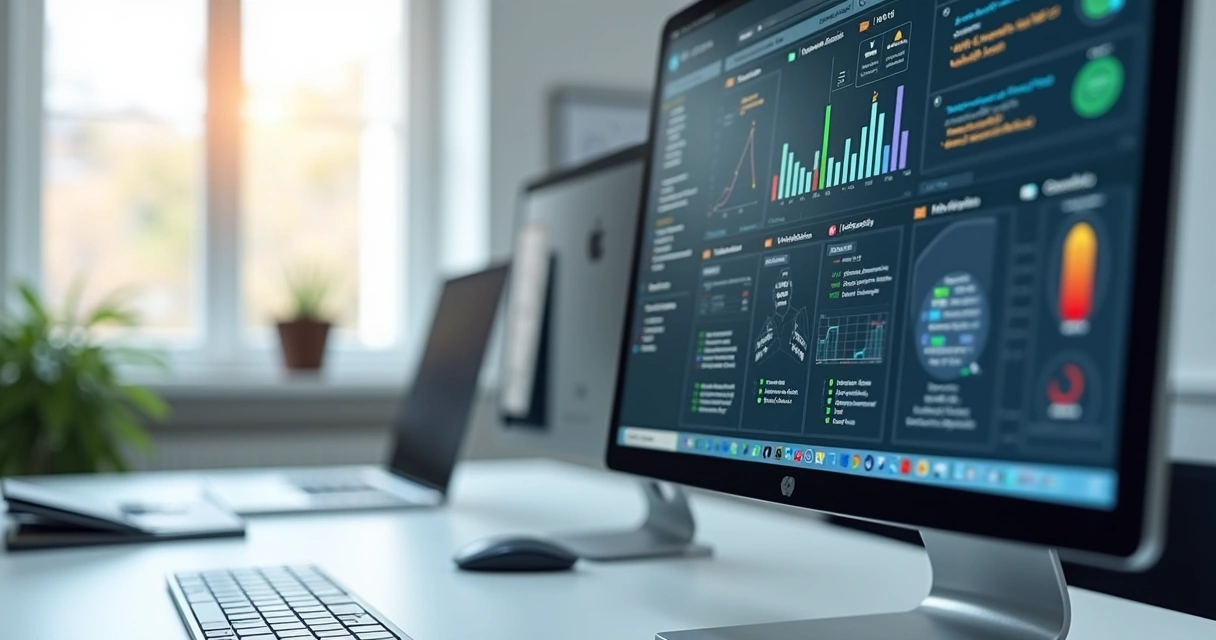 Computador com tela mostrando interface de revisão automática de cadastros empresariais com dados e gráficos 