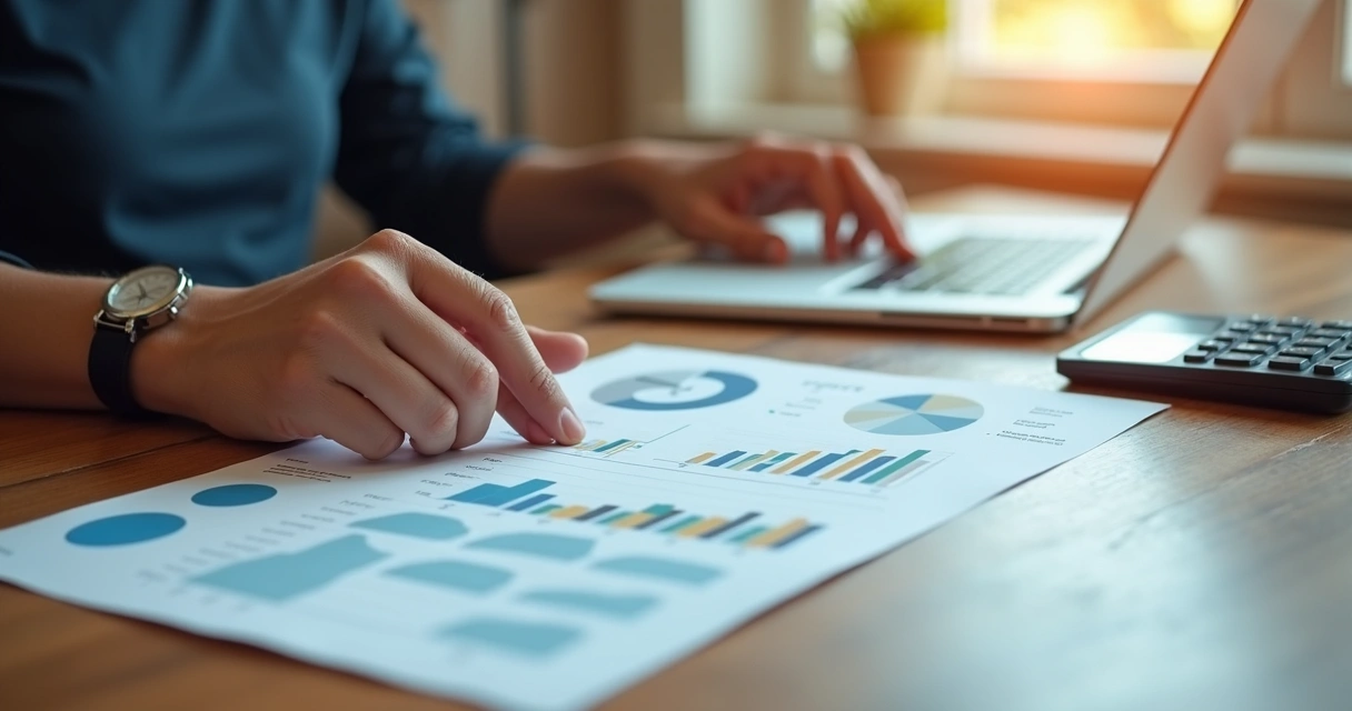 Pessoa consultando documentos do INSS na mesa com computador e calculadora 