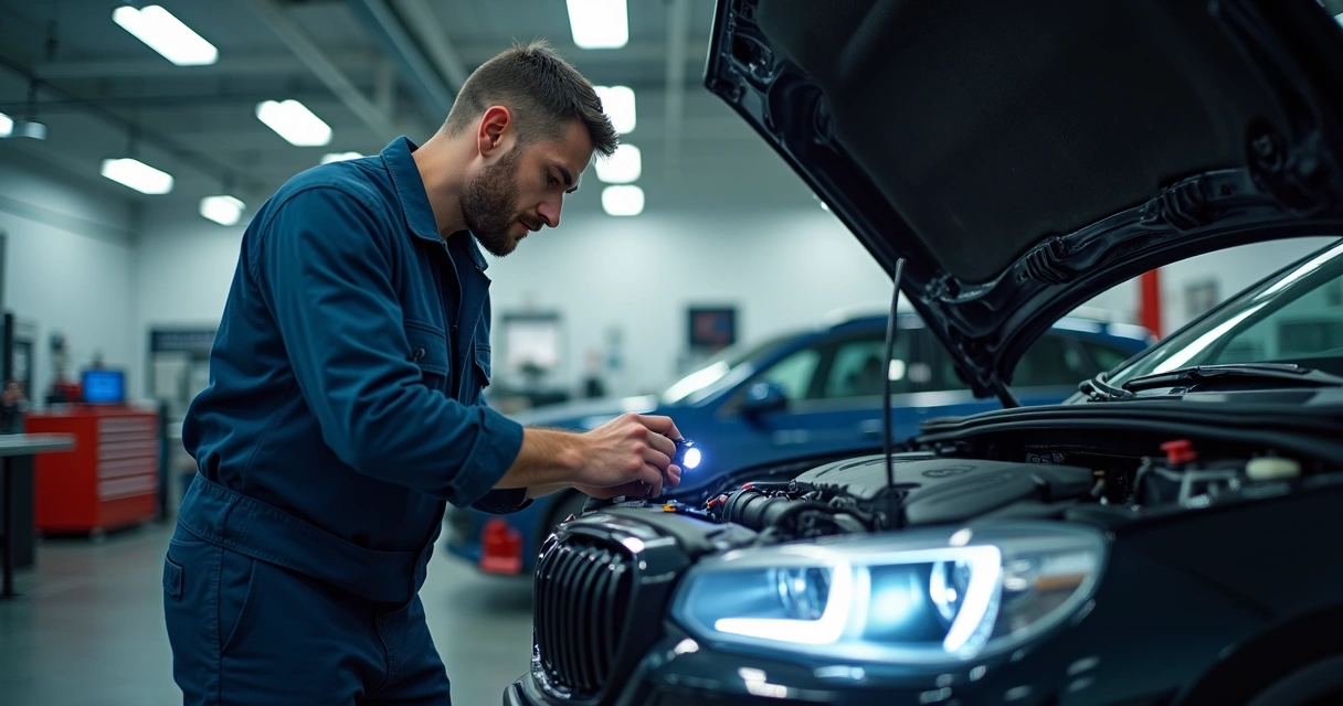 Mecânico examinando o motor de um carro usando lanternas em uma oficina automotiva 