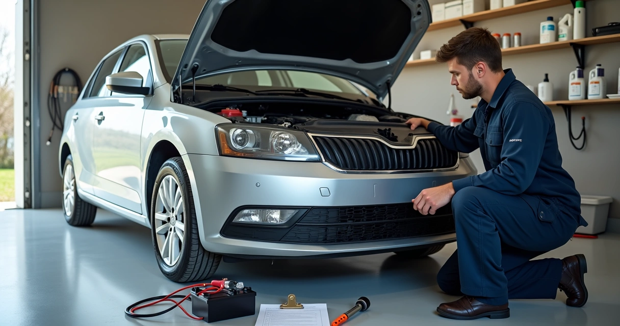 Mecânico revisando carro parado em garagem antes de rodar novamente 