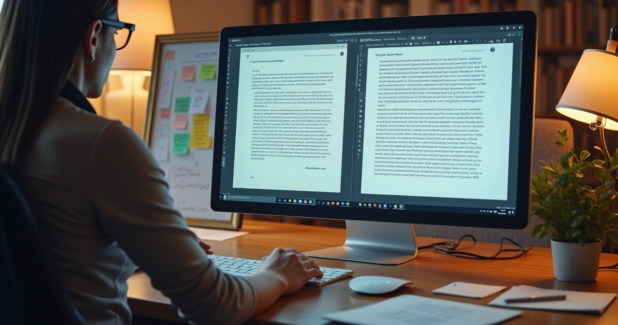Profissional revisando carta de apresentação no computador, IA sugerindo comentários 