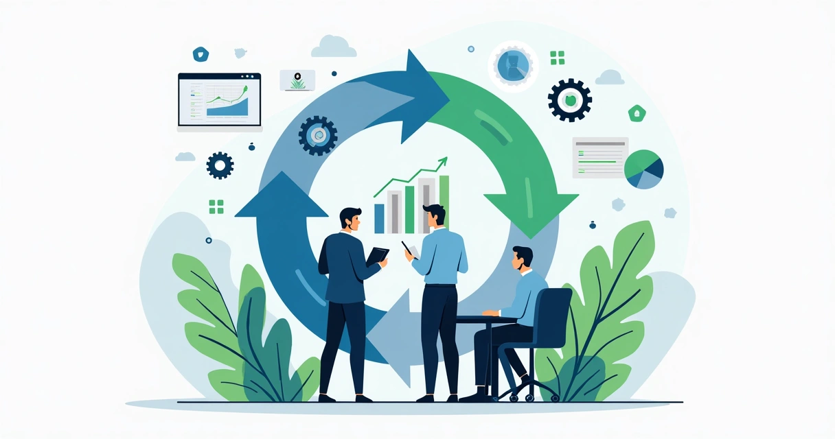 Representação visual de ciclo de revisão estratégica com gráficos e engrenagens girando 