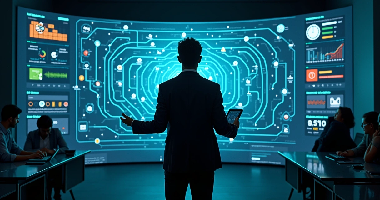 Especialista tributário observando labirinto digital de códigos fiscais em grande telão 