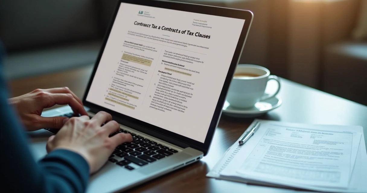 Pessoa revisando cláusulas tributárias em notebook