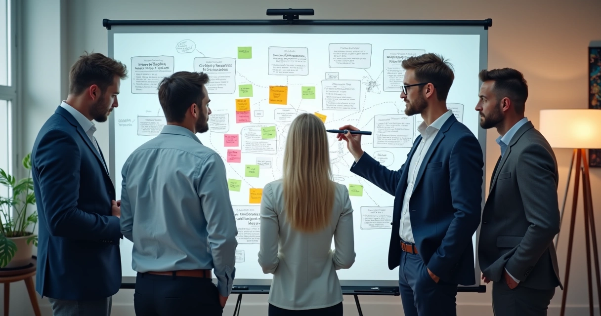 Empresários revendo estratégia de CNAE em quadro branco 