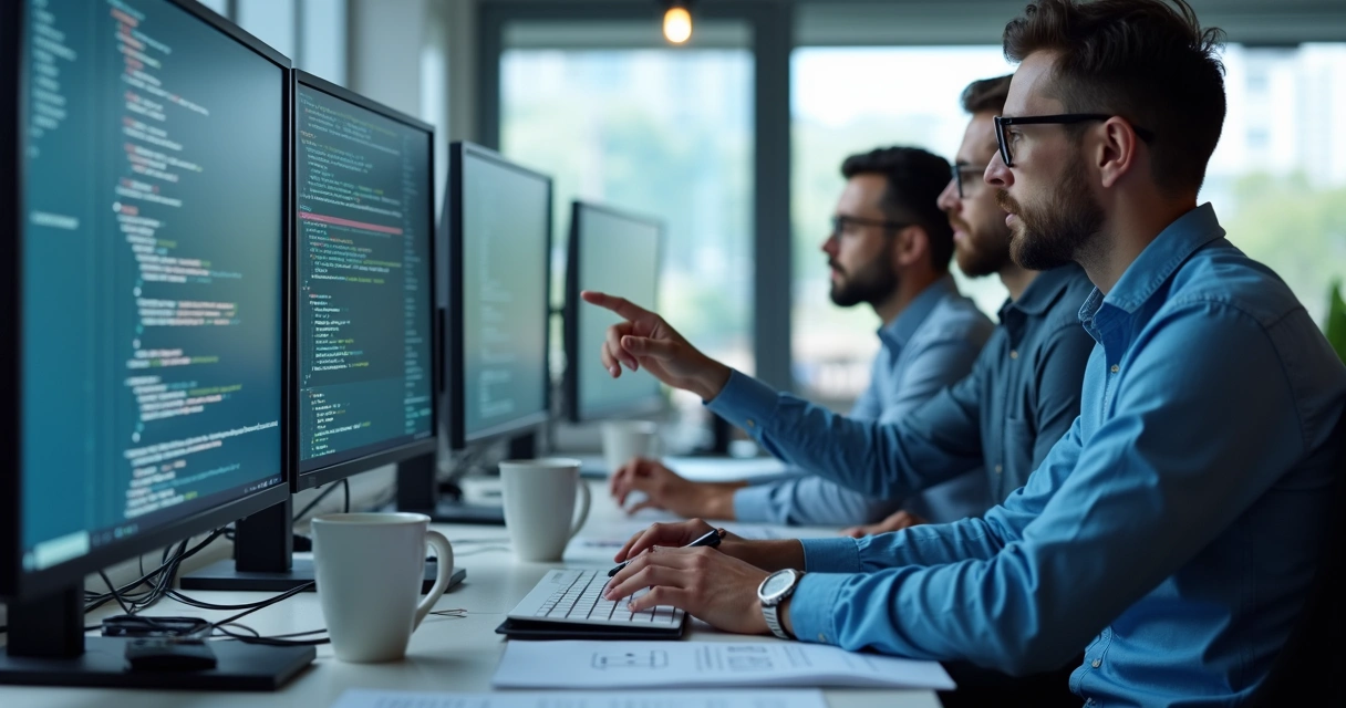 Desenvolvedores revisando código juntos em ambiente corporativo 