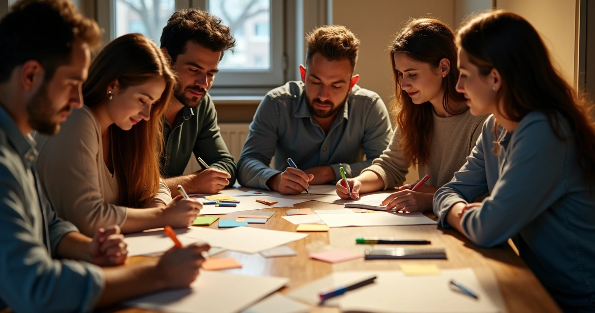 Equipe revisando roteiro impresso em mesa de reunião 