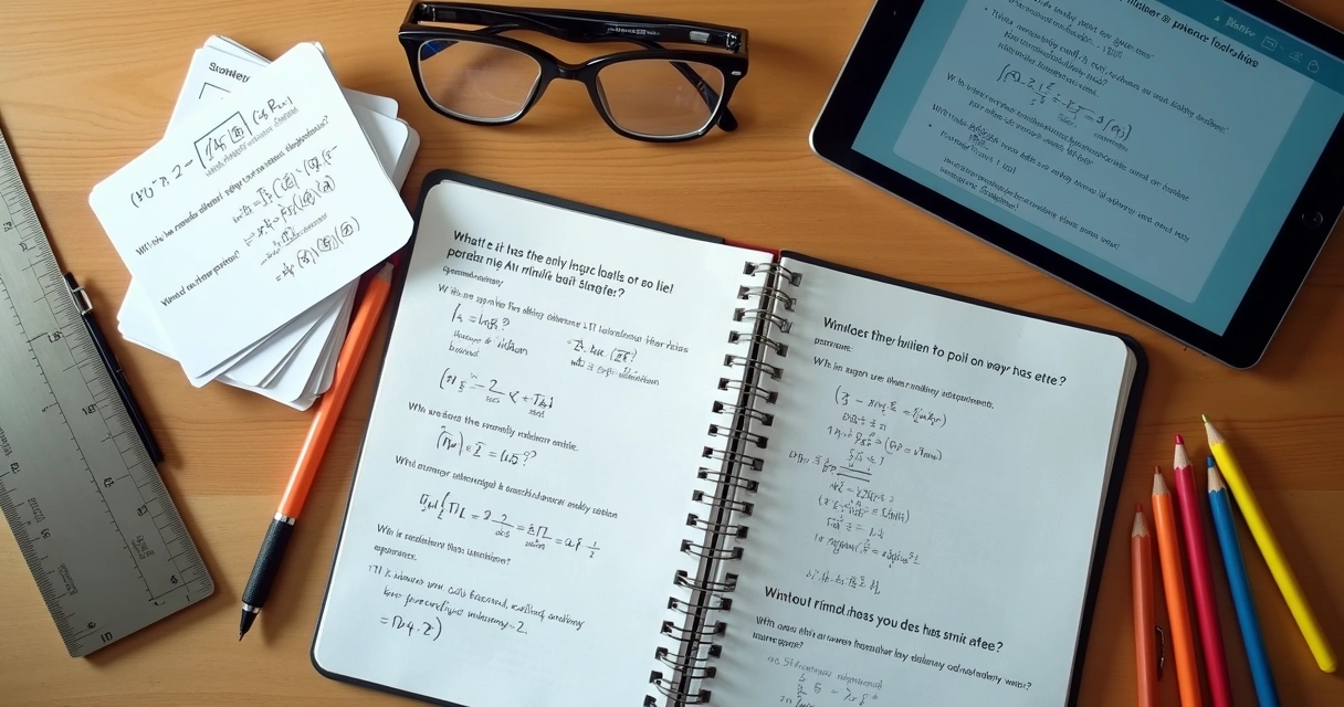 Mesa de estudo com flashcards, caderno e tela com resumo de conteúdo